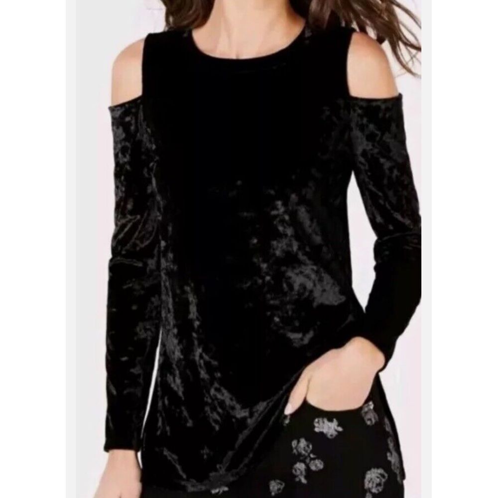 MICHAEL MICHAEL KORS Velvet Cold-Shoulder Top‎ Size M BLACK Crushed